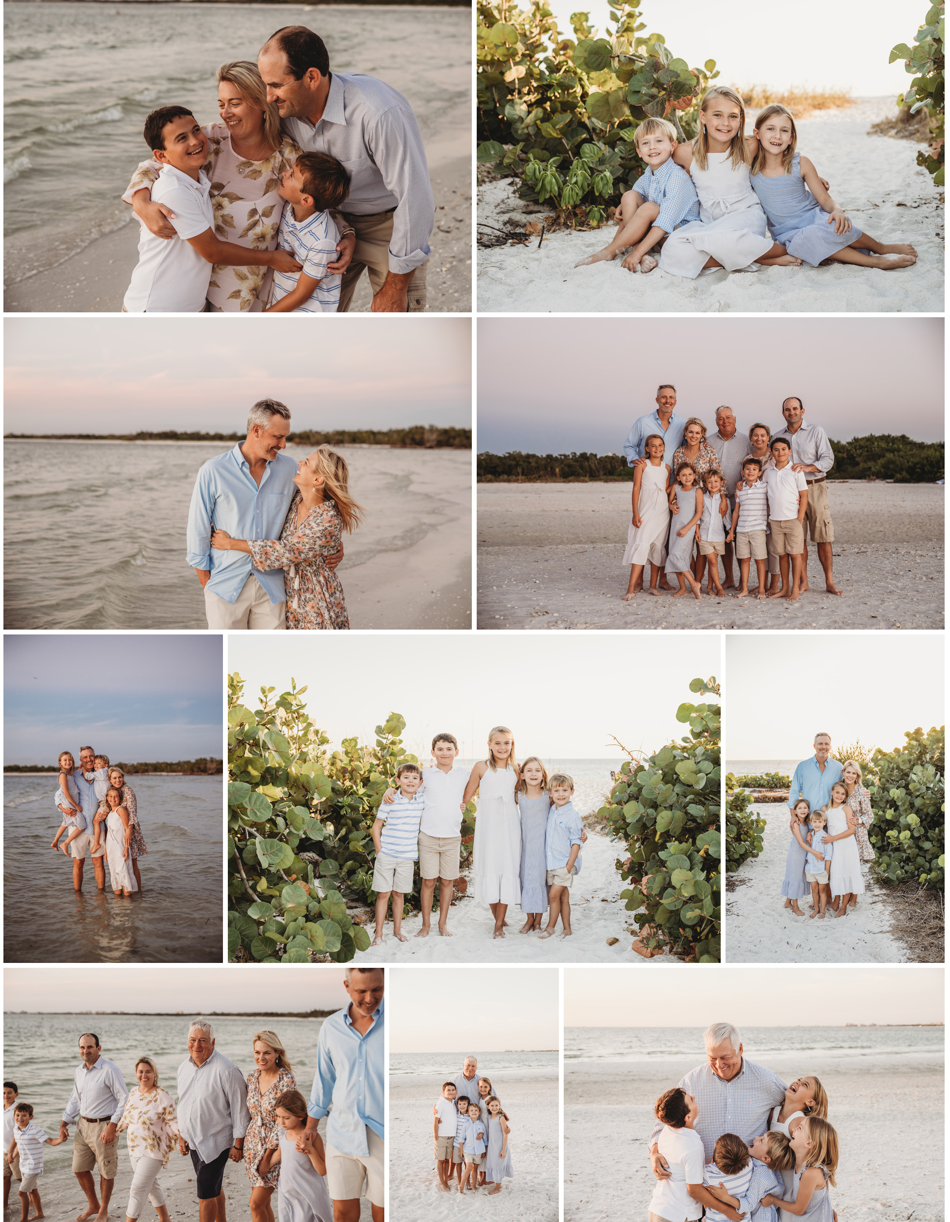 A large family gathers on the beach in Bonita Springs for a sunset photo shoot. The grandkids and sisters join their dad for pictures.