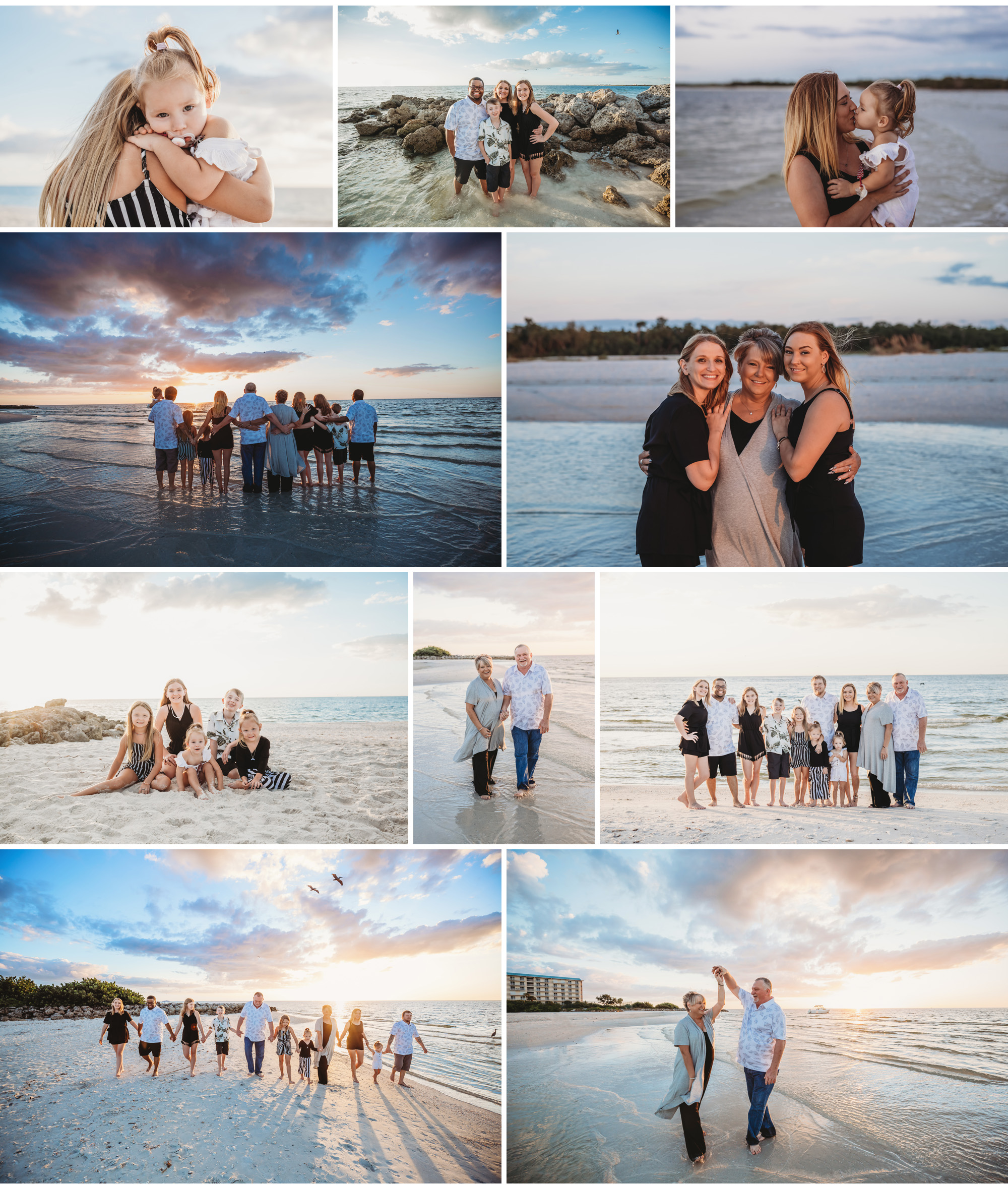 An extended family takes sunset beach portraits in Bonita Springs. Grandkids and grandparents join the family for a beautiful beach session.
