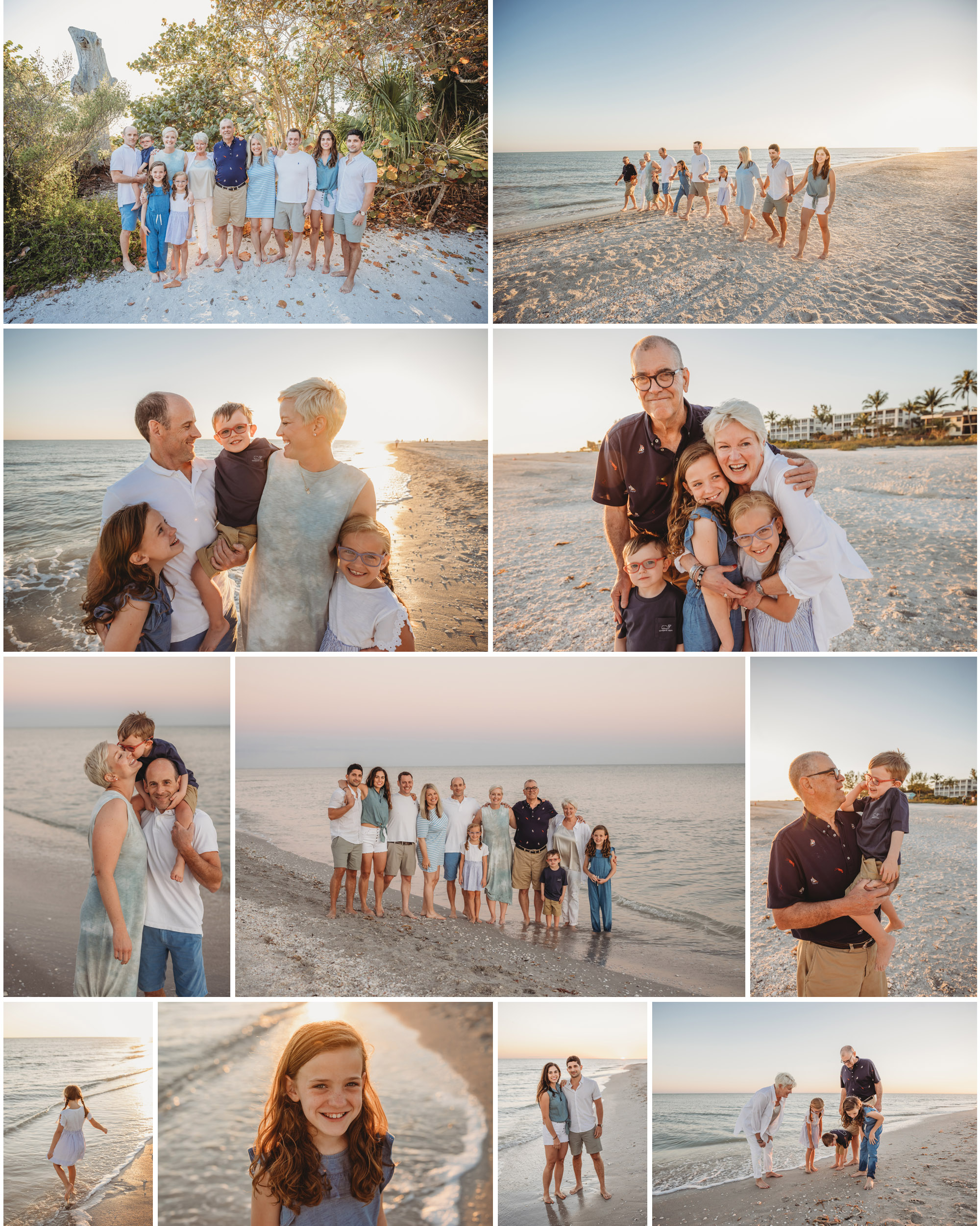 A big family photo shoot on the beach near Periwinkle Place on Sanibel. Large family on a deserted island beach at sunset.
