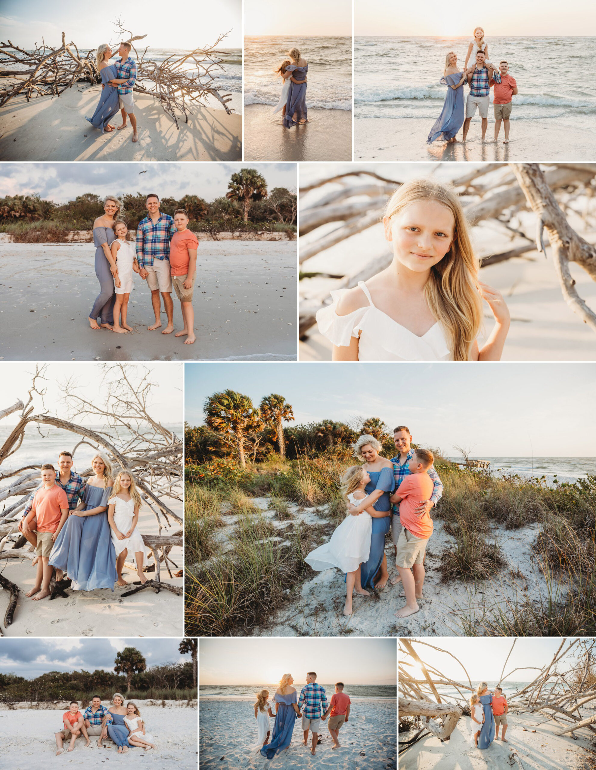 Beach family portraits on a beautiful sunset stretch of beach in Florida. This family of four smiles and hugs for candid beach portraits as the sun goes down.