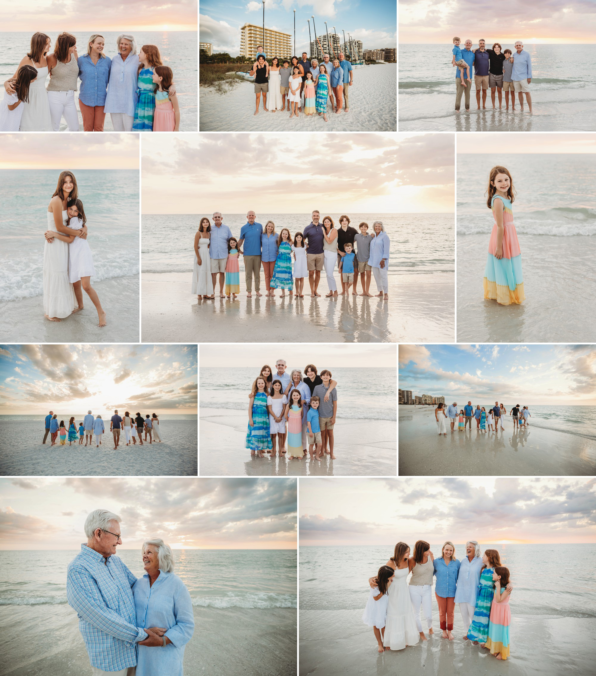 A family photo shoot on the beach of the Crystal Shores Marriott on Marco Island. Beautiful beach and sunset views serve as the perfect backdrop.