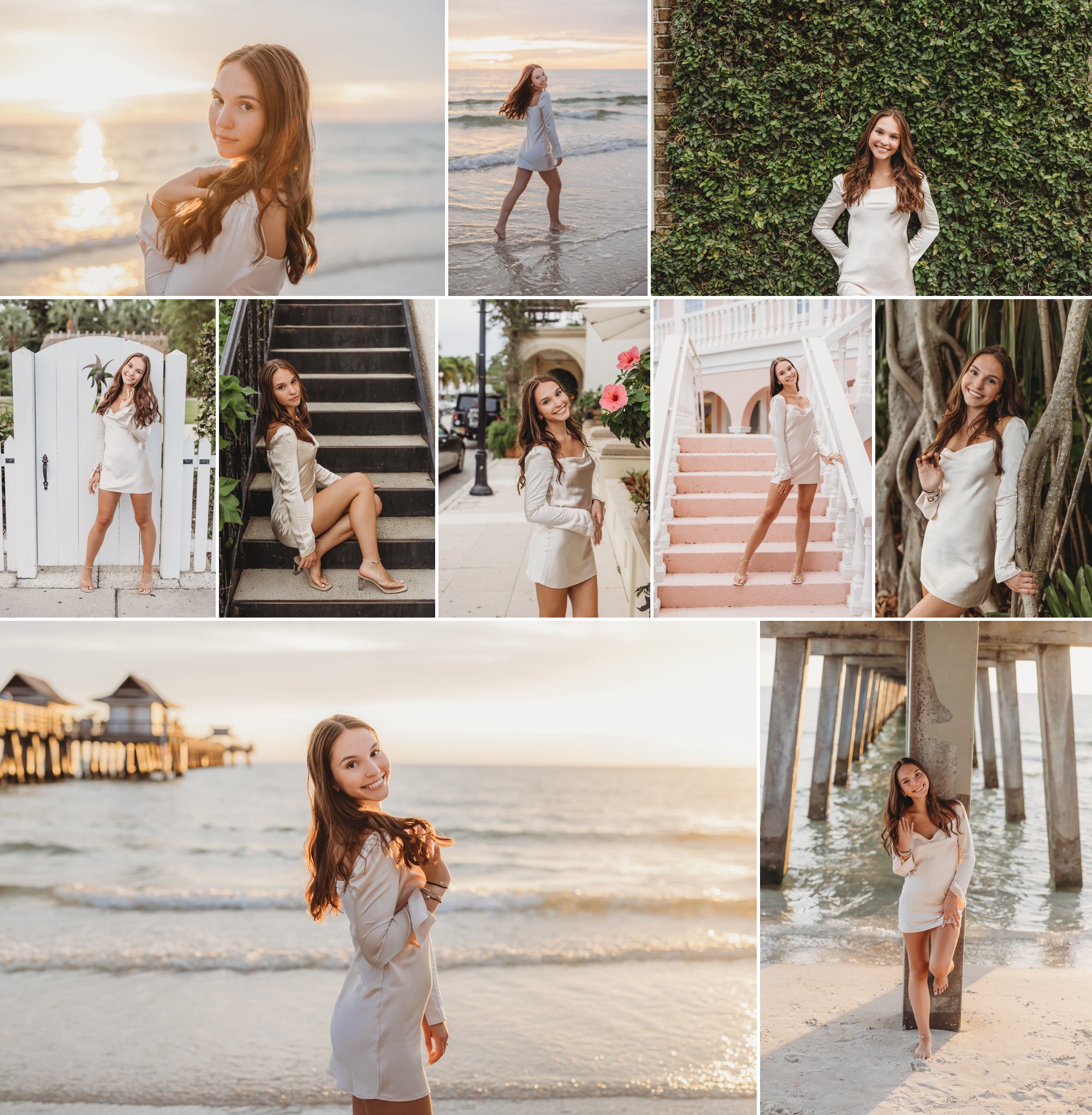 High school senior girl takes beach and town portraits in a beautiful beach town. Senior pictures at sunset and along the water.
