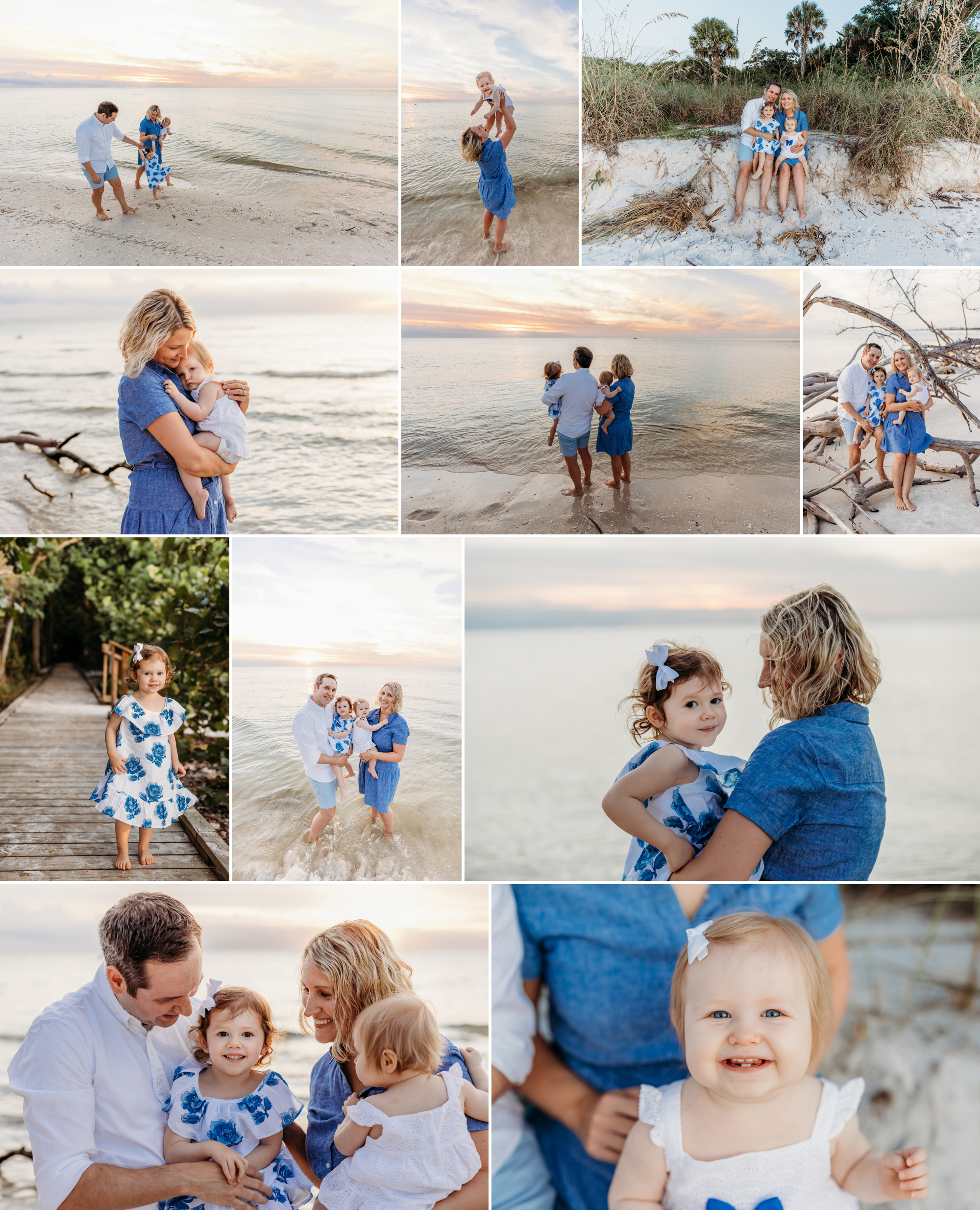 A beach family portrait shoot in Florida celebrates a baby's first birthday. This sunset beach session is a beautiful candid session along Wiggins Pass.