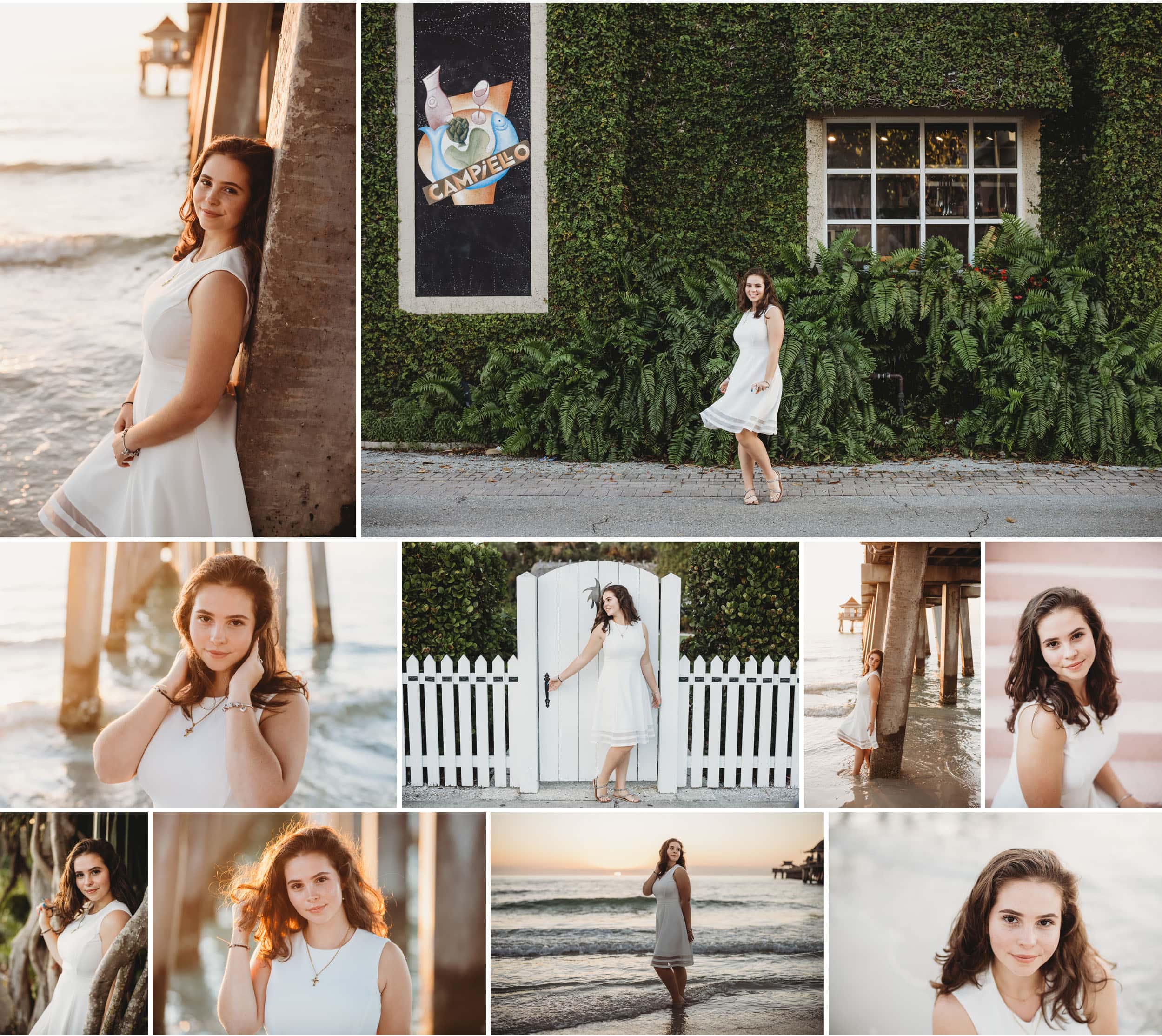 A senior session in town and at the beach at sunset. Senior photos shot on location in Naples. 