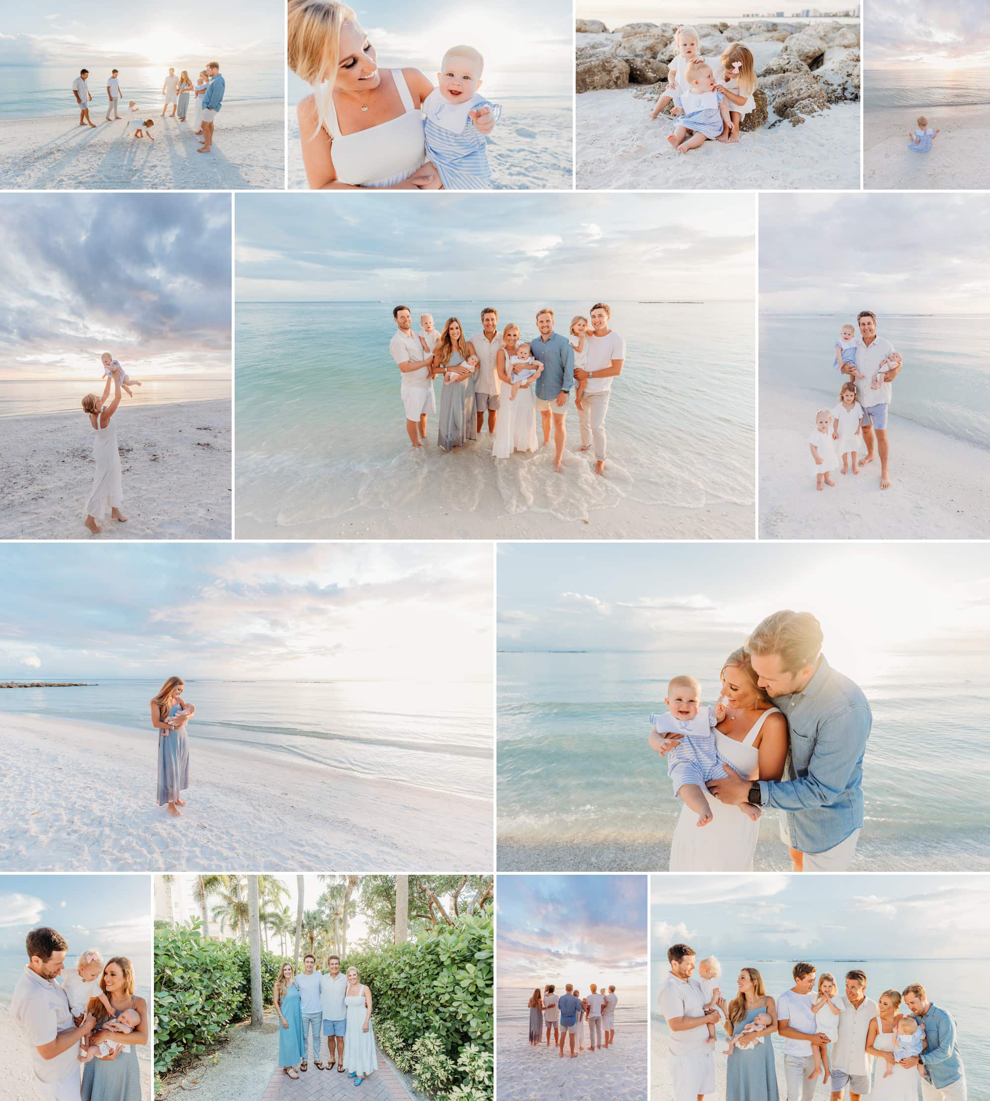 Coastal blues and greens were the theme of this gorgeous night on Marco Island Beach. Family photo shoot included the whole family at sunset.